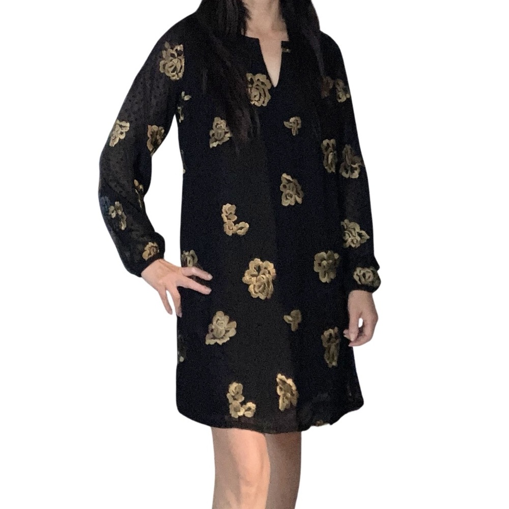 Cabi Black Dress Shift The Occasion Gold Floral Embroidered Swiss Dot Sz S